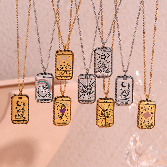 Collar con dije de tarot cuadrado minimalista para mujer en acero de titanio con chapado en oro de 18 quilates y diseño geométrico