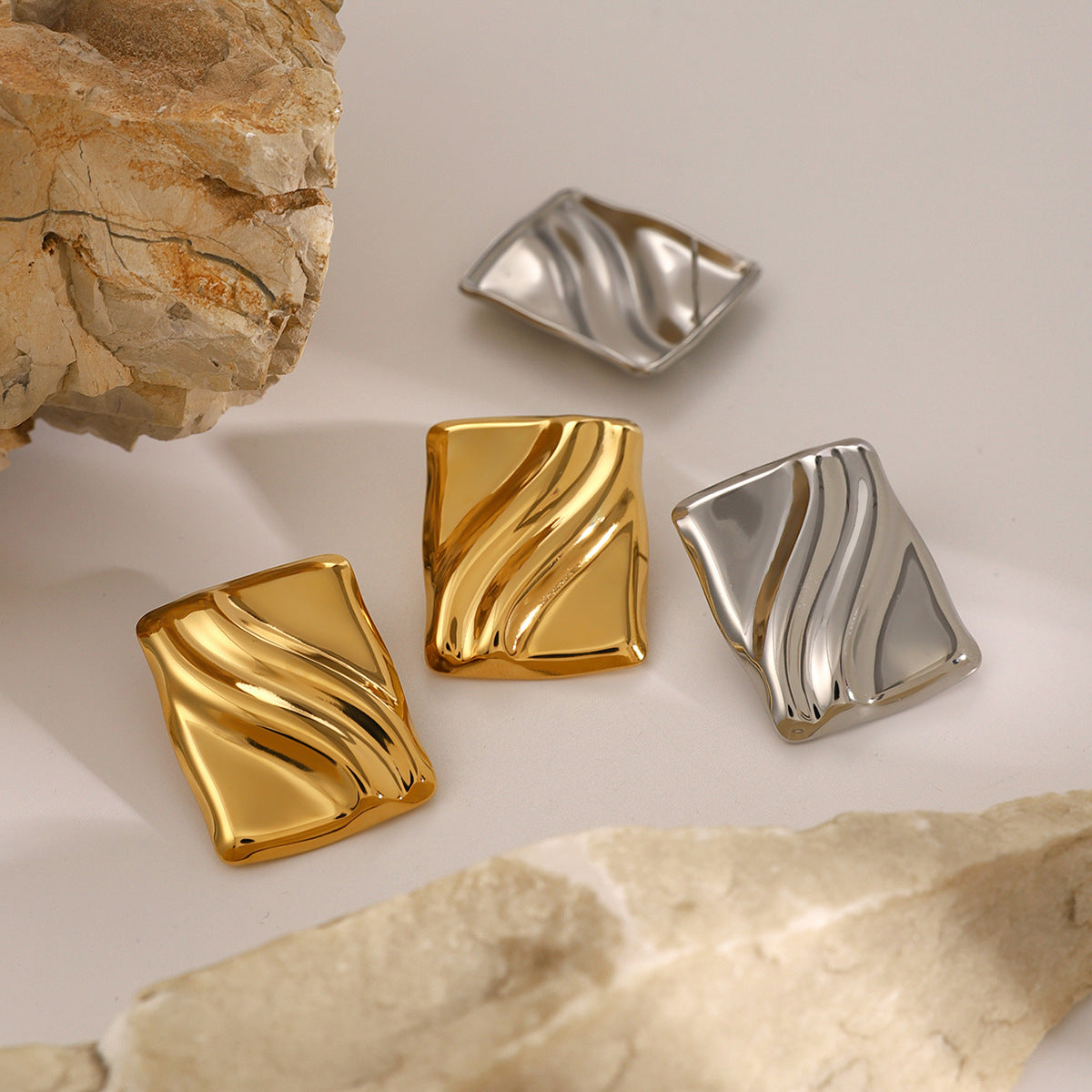 Fashionable Geometric Stainless Steel Stud Earrings with Wavy Texture and Plated Finish for Women
