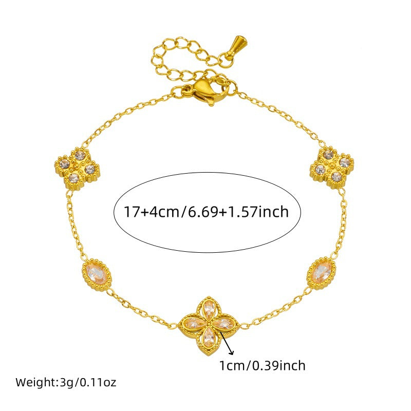 Luxury Elegant Geometric Floral Rhinestone Inlay Stainless Steel Double Layer Bracelet with Pearl