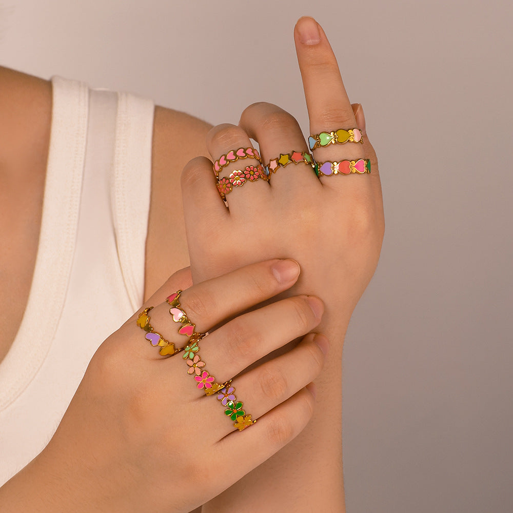 Bohemian Adjustable Stainless Steel Ring with Enamel Floral and Heart Design for Women