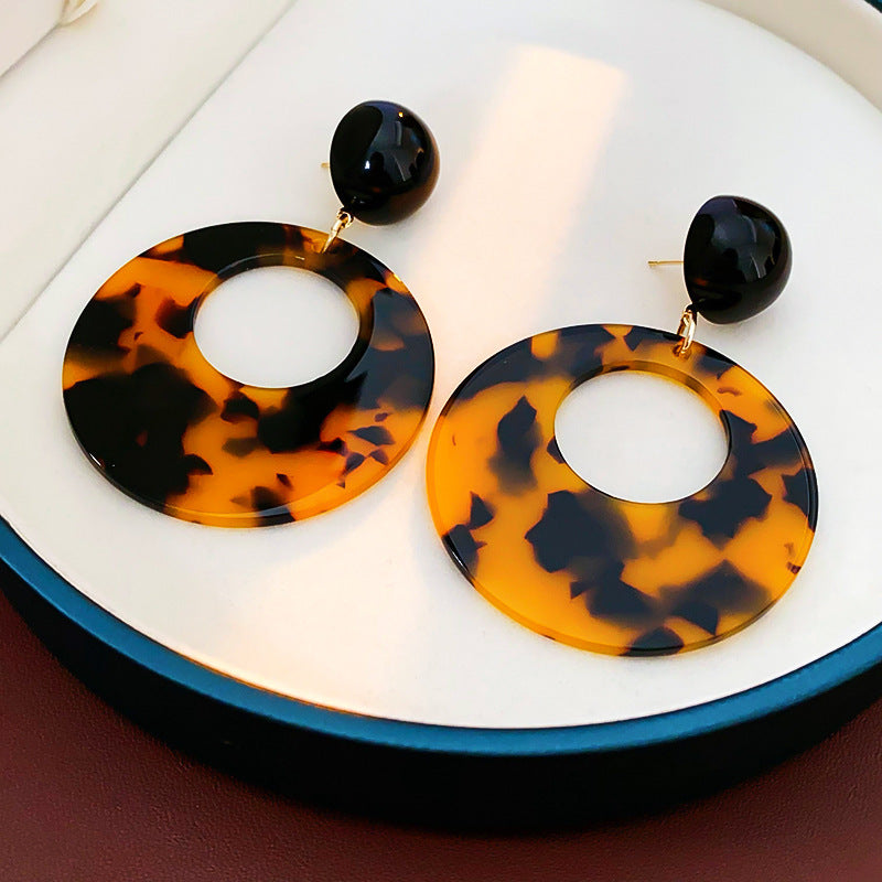 Vintage-Style Geometric Round Hoop Earrings for Women with Alloy Base Plated in Silver Tone Enamel Leopard Print and Rhinestone Inlay