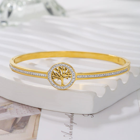 Paved Cubic Zirconia Geometric Round Tree of Life Titanium Steel Bracelet Unisex