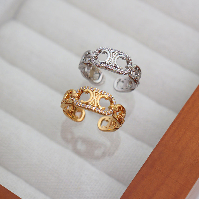 Minimalist Adjustable Hollow-Out Letter-Shape Ring for Women Made of Brass with Plating Finish