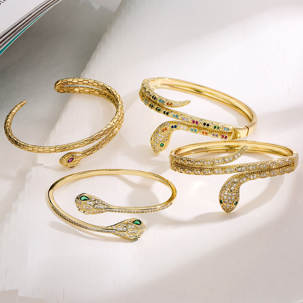 Minimalist Snake-Shaped Copper Bracelet with Real Gold Plating and Zircon Inlay for Women