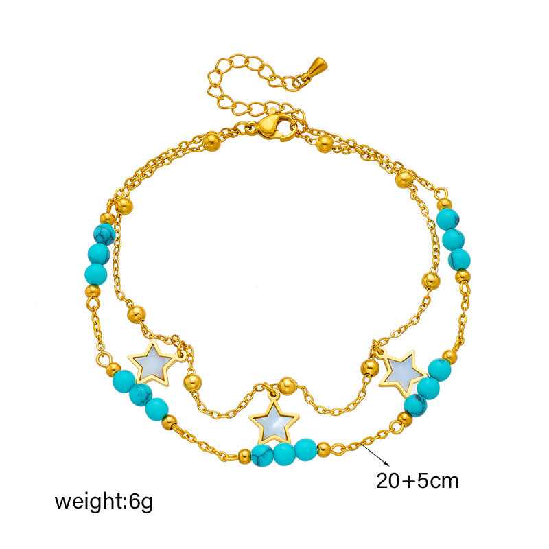 Fashion Retro Minimalist Stainless Steel Irregular Layered Anklet with Star Pendant and Beaded Chain