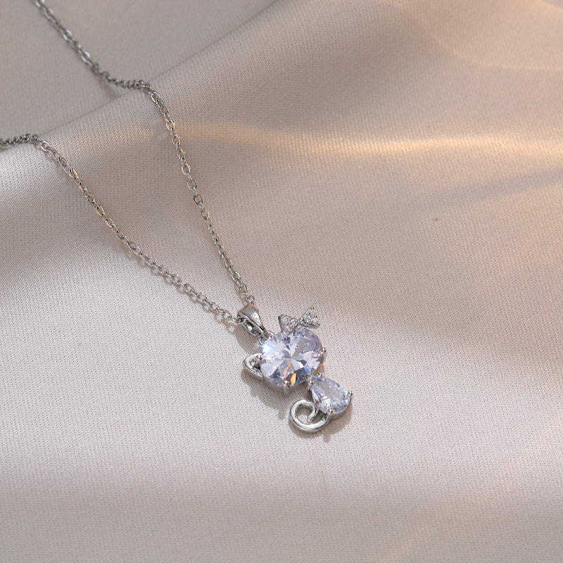 Original Design Cat Pendant Necklace for Women in Titanium Steel with Rhinestone Inlay and Plated Finish