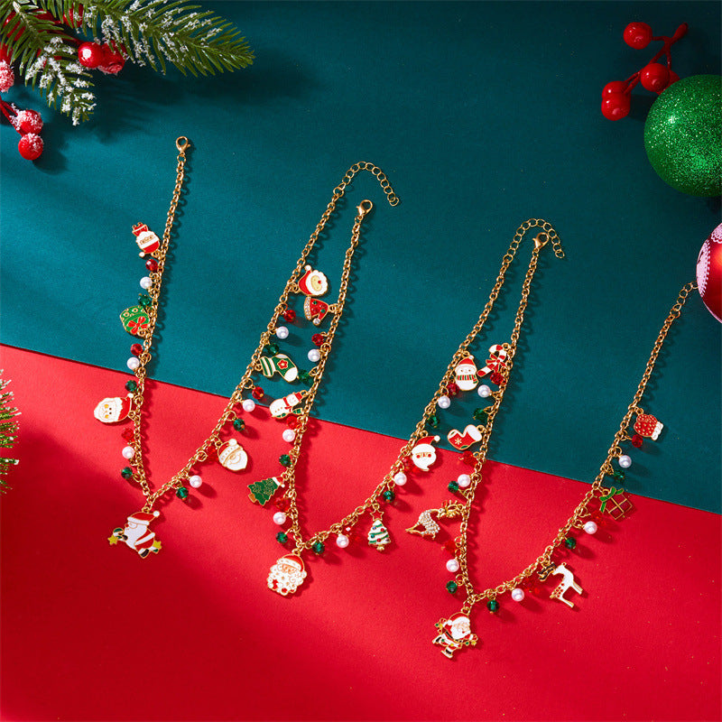 Fashionable Christmas-Themed Pendant Necklace for Women with 3D Floral Design Zinc Alloy Base Electroplated Finish Featuring Santa Snowflake and Jingle Bell Motifs