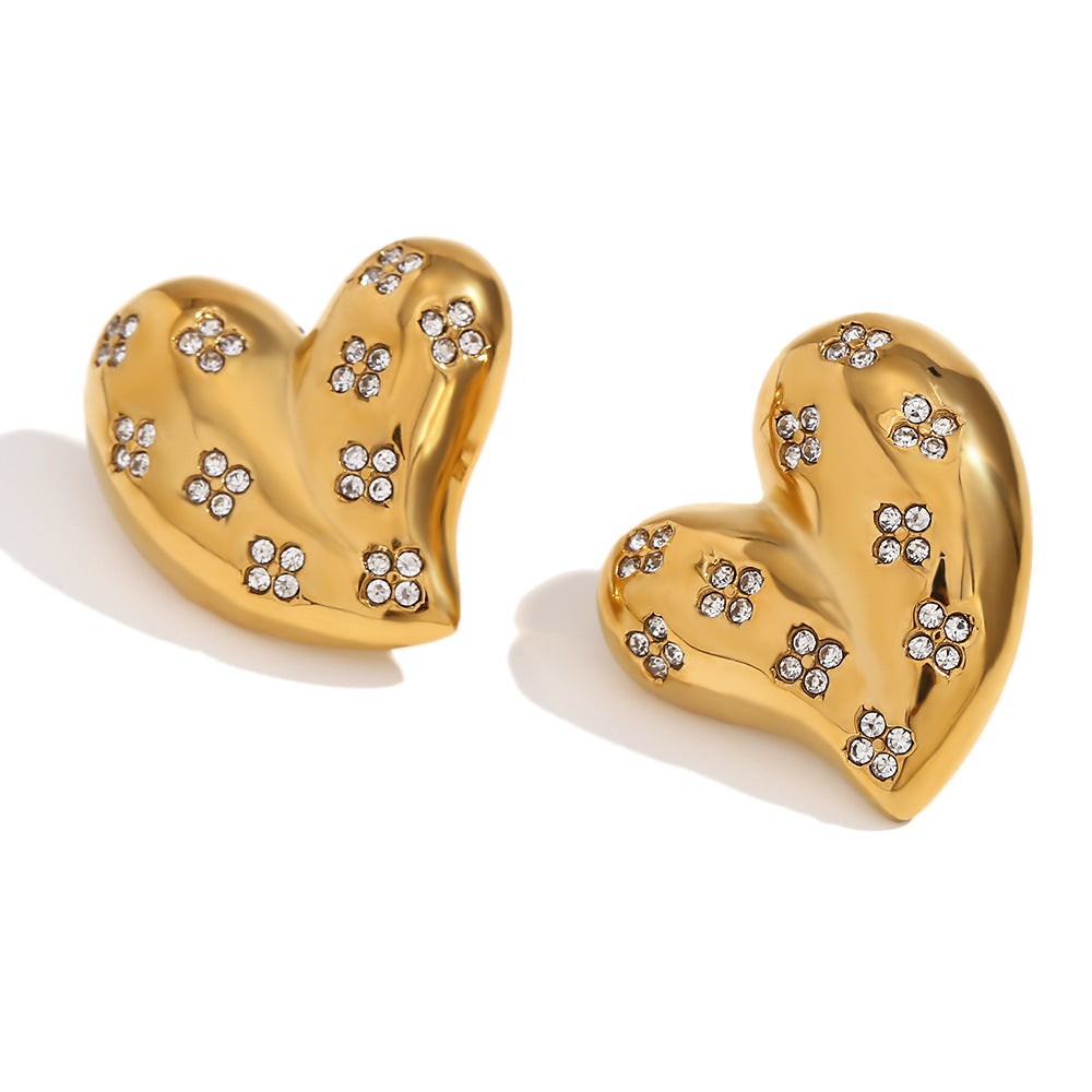 Vintage Style Heart-Shaped Stainless Steel Pendant Necklace with 18K Gold Plating and White Rhinestone Inlay for Women