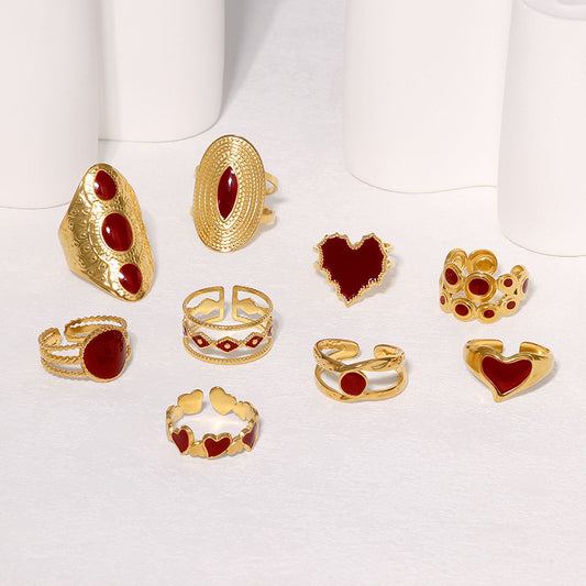 Anillo abierto ajustable de acero inoxidable de estilo francés vintage con motivo de corazón-ojo y acabado pulido para mujer