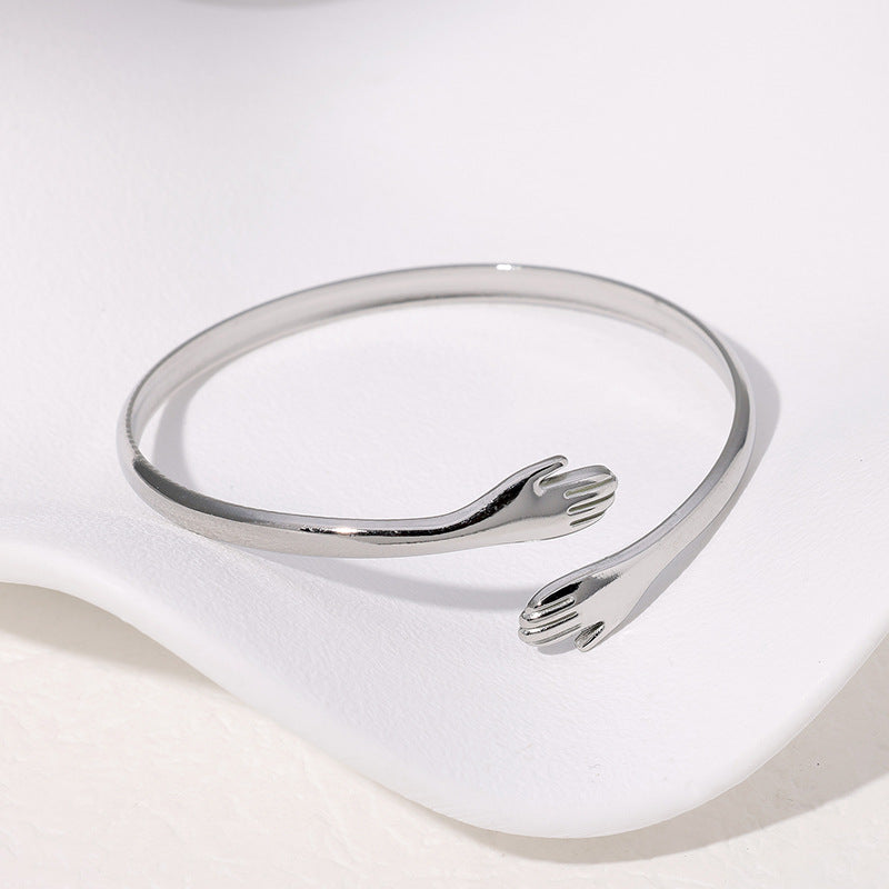 Minimalist Titanium Steel Open Bangle Bracelet with Palm Shape Design Electroplated Stainless Steel Jewelry for Women
