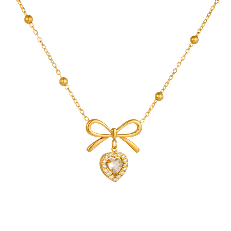 Luxury Office Chic Stainless Steel Rhinestone Heart and Bow Pendant Necklace Box Chain