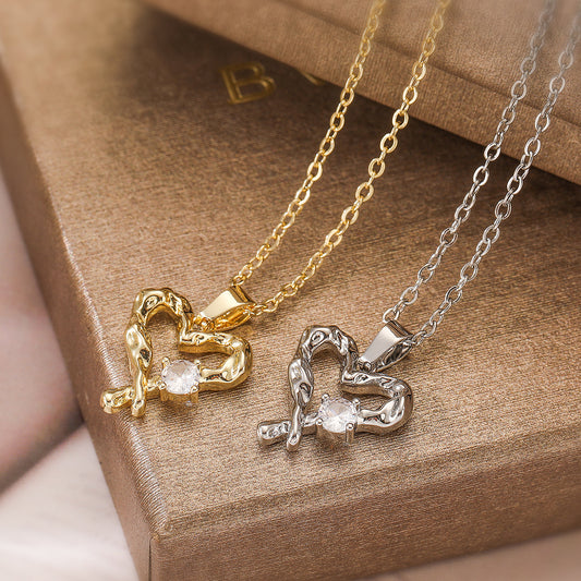 Collana Pendente Cuore Vuoto Minimalista in Rame Placcato Oro 18K con Intarsio di Zirconi