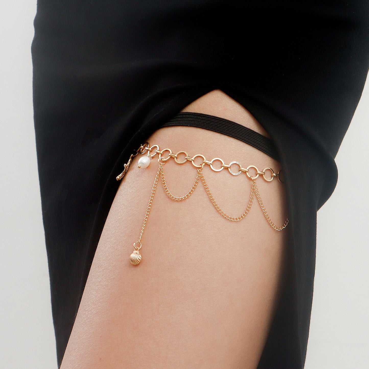 Geometric Starfish and Seashell Pendant Freshwater Pearl Elastic Leg Chain for Women