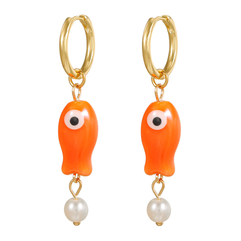 Cute Cartoon Fish Geometric Round Ceramic Brass Earrings for Women