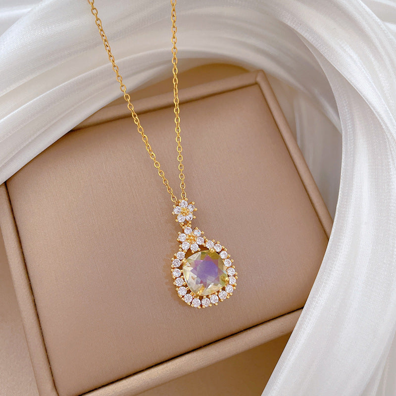 Cartoon Style Floral Pendant Necklace for Women and Men Stainless Steel Delicate Clavicle Chain with Full Rhinestone Accents