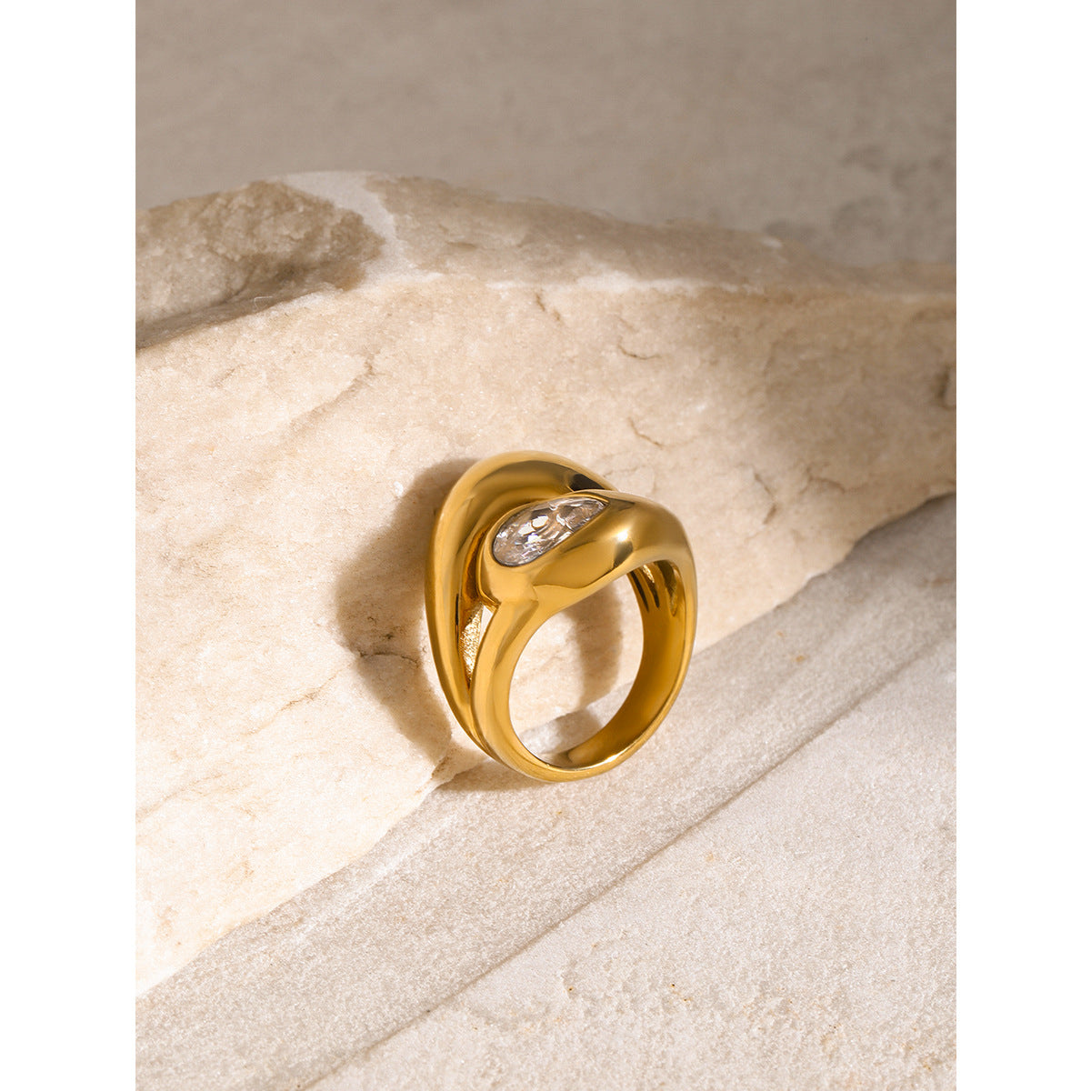 Trendy 18K Gold Plated Titanium Steel Irregular Water Drop Ring with White Zircon for Unisex