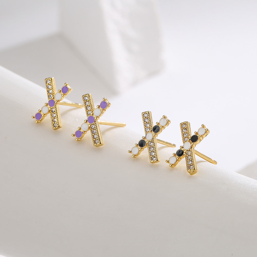 Minimalist Geometric Copper Earrings with 18K Gold Plating and Enamel Finish, Zircon Inlay, Women's Elegant Stud Earrings