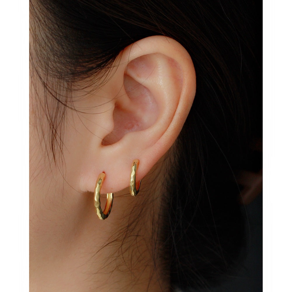 Minimalist 925 Sterling Silver Polished Round Hammered Hoop Earrings