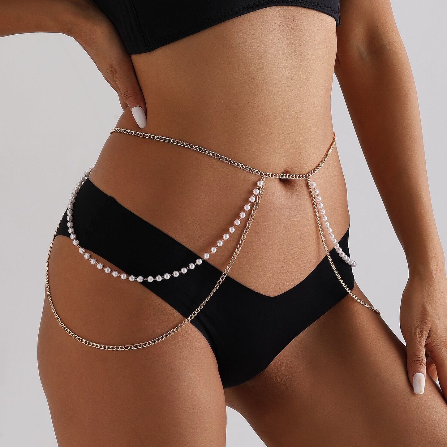 Casual Punk-Style Aluminum Chain Waist Chain for Women with Simulated Pearl Beads