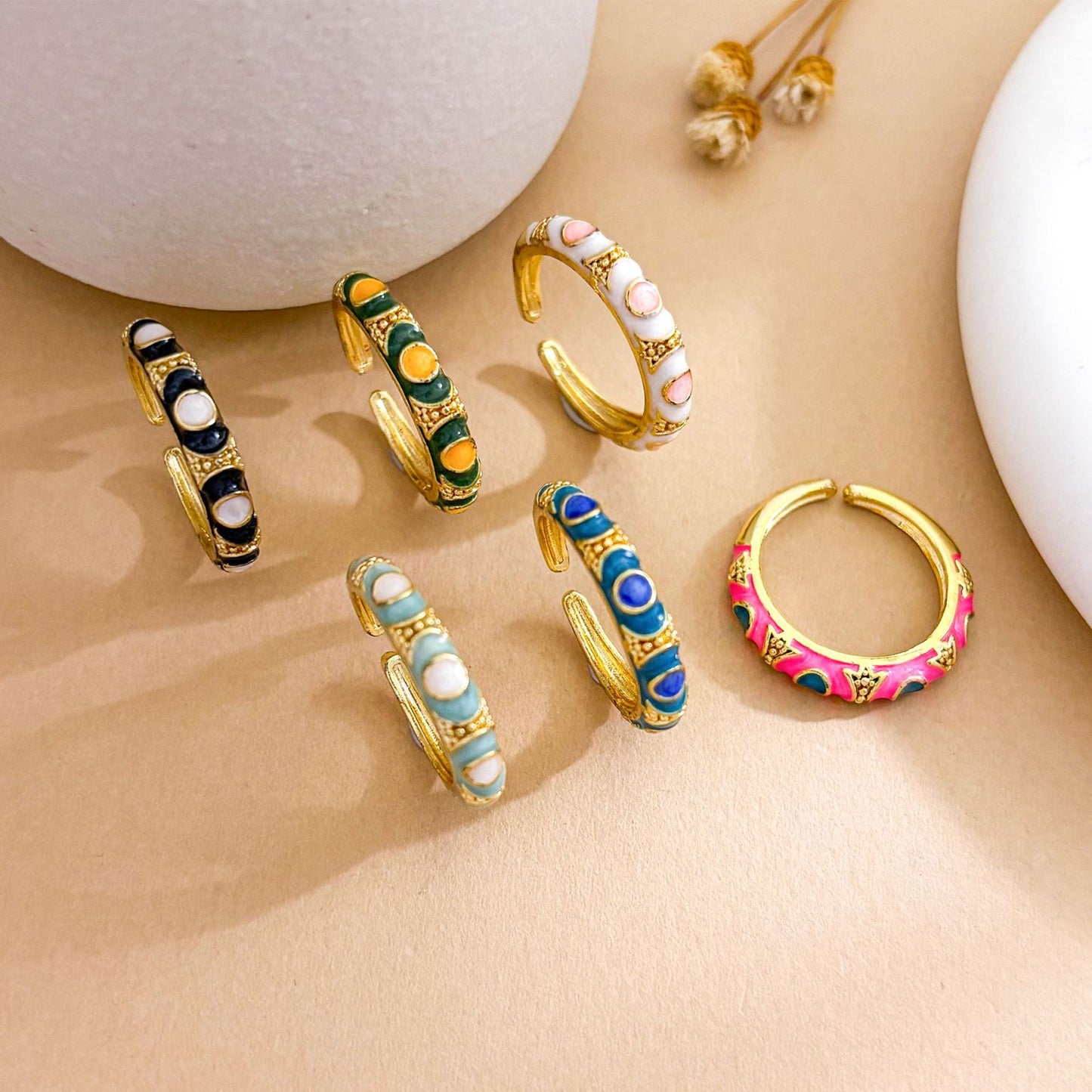 Sweet Minimalist Round Brass Ring with Enamel Evil Eye and Cubic Zirconia Inlay, Gold Plated Adjustable Band for Women