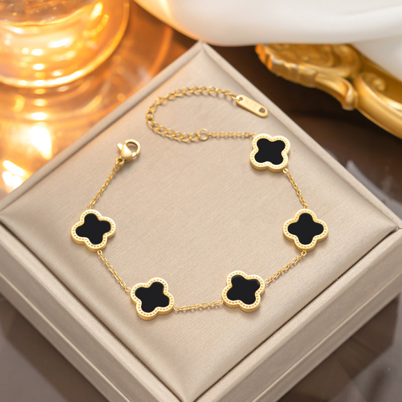 Set collana con pendente in acciaio al titanio a forma di quadrifoglio alla moda con catena a maglie per donna
