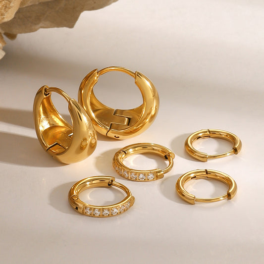 Pendientes de botón redondos de acero inoxidable con diseño geométrico minimalista e incrustaciones de diamantes de imitación para mujer