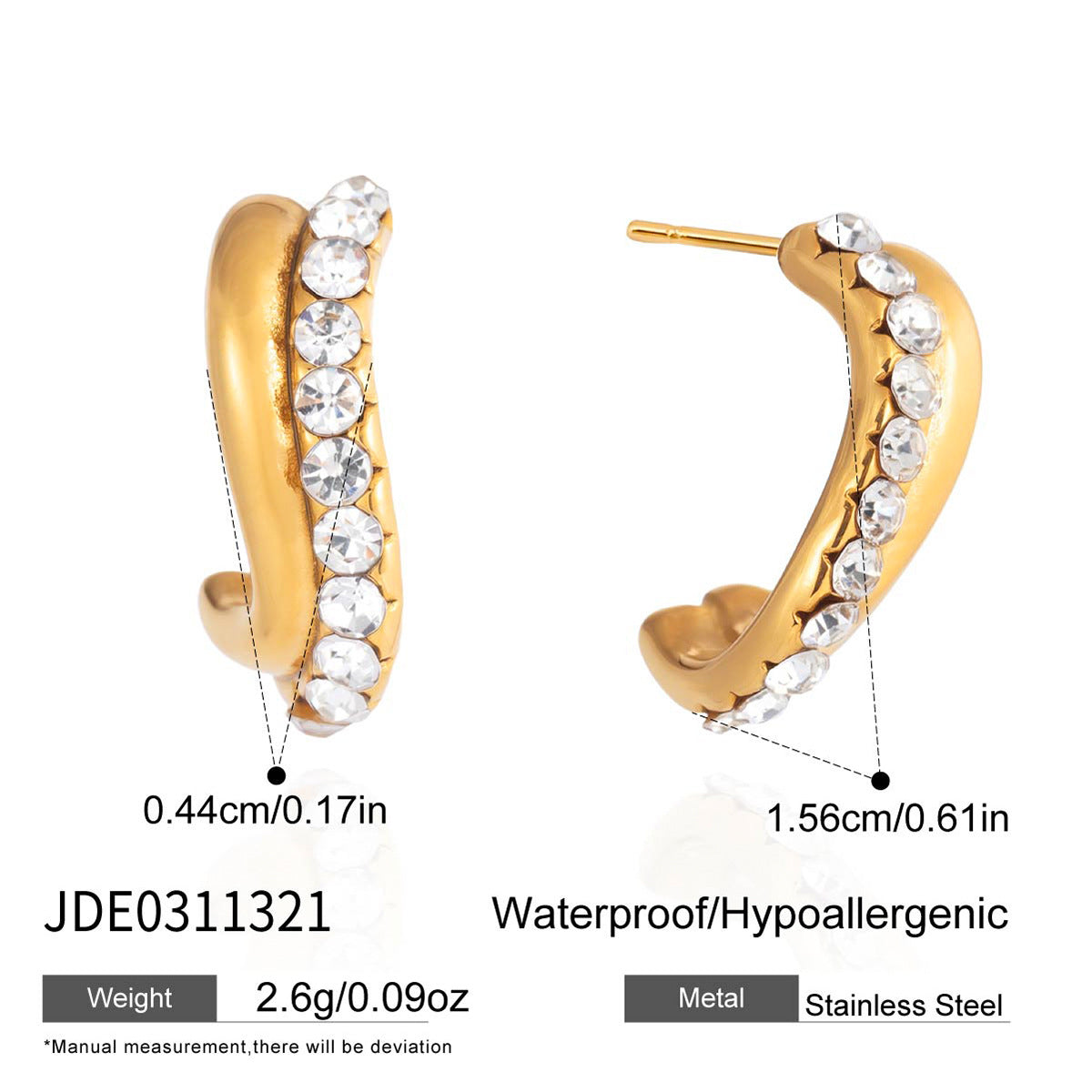 Minimalist Luxury Geometric Wave Stainless Steel PVD Gold Plated Rhinestone C-Hoop Earrings for Women