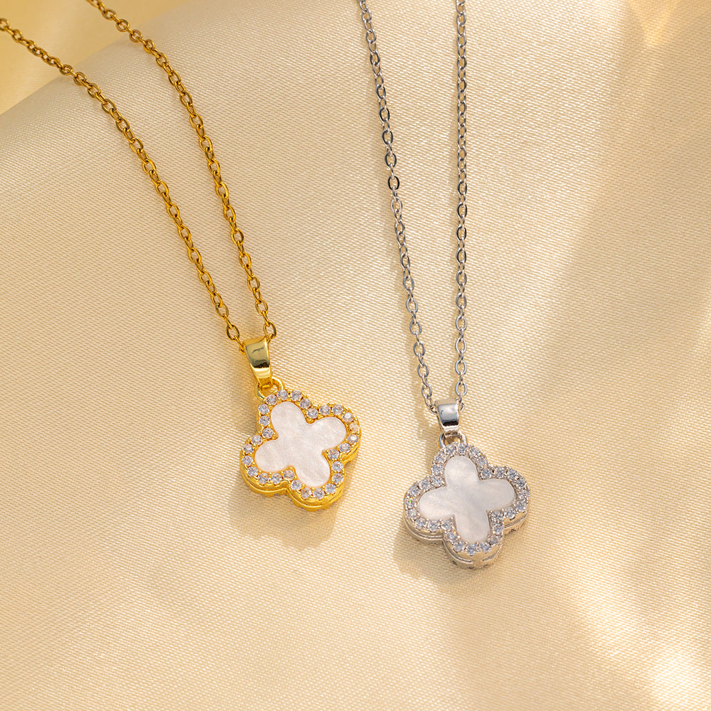 Luxury Double-Sided Black and White Four Leaf Clover 18K Gold Plated Titanium Steel Necklace for Women