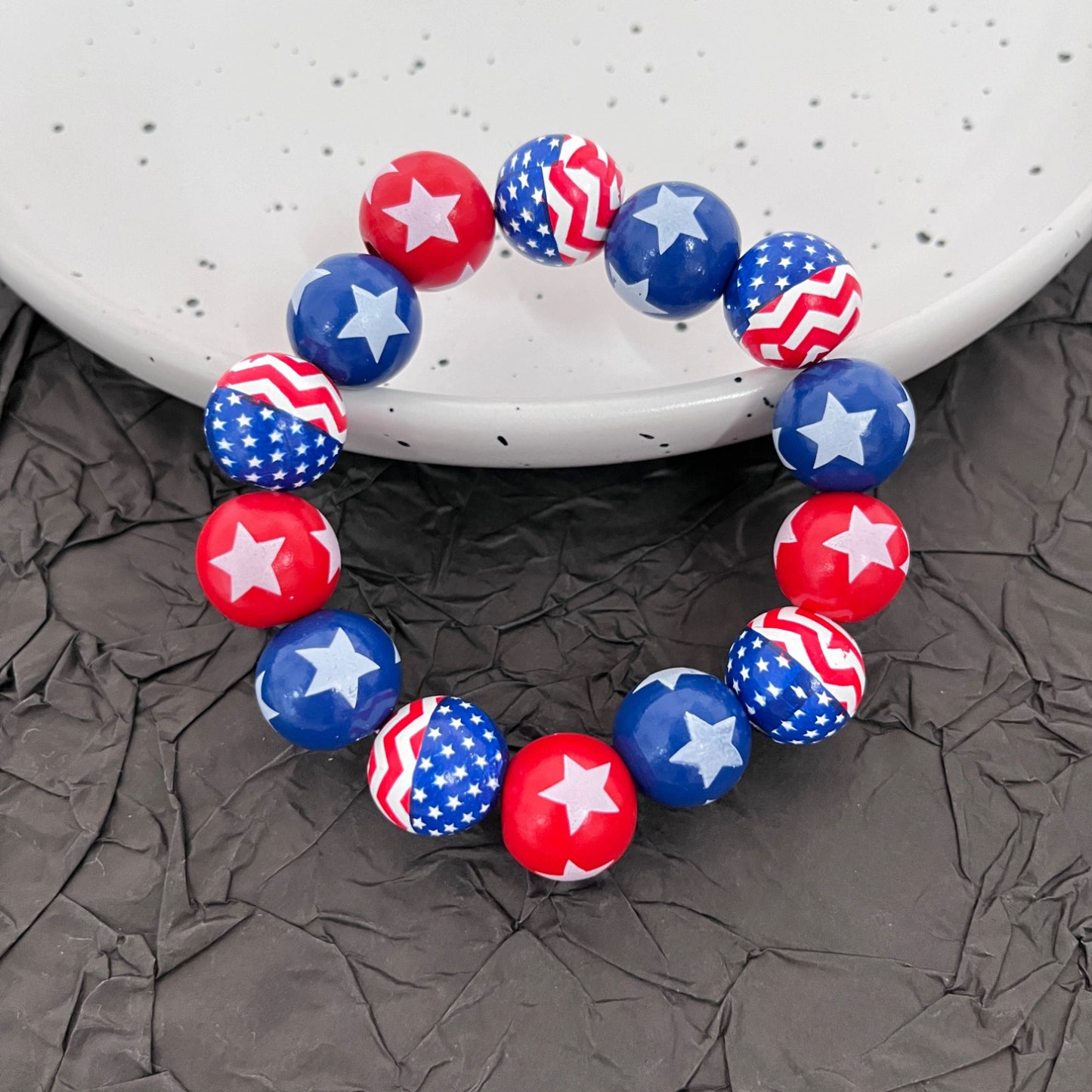 Striped Star Round Wood Beaded Bracelet Charm Bar Unisex