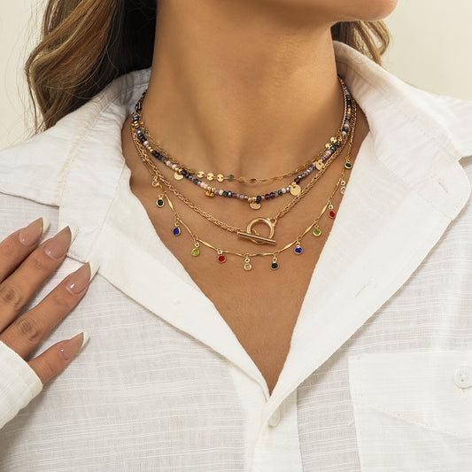 Collar vintage étnico con colgante geométrico, borla y detalles de cuentas en cadena de serpiente de aleación bañada en oro para mujer