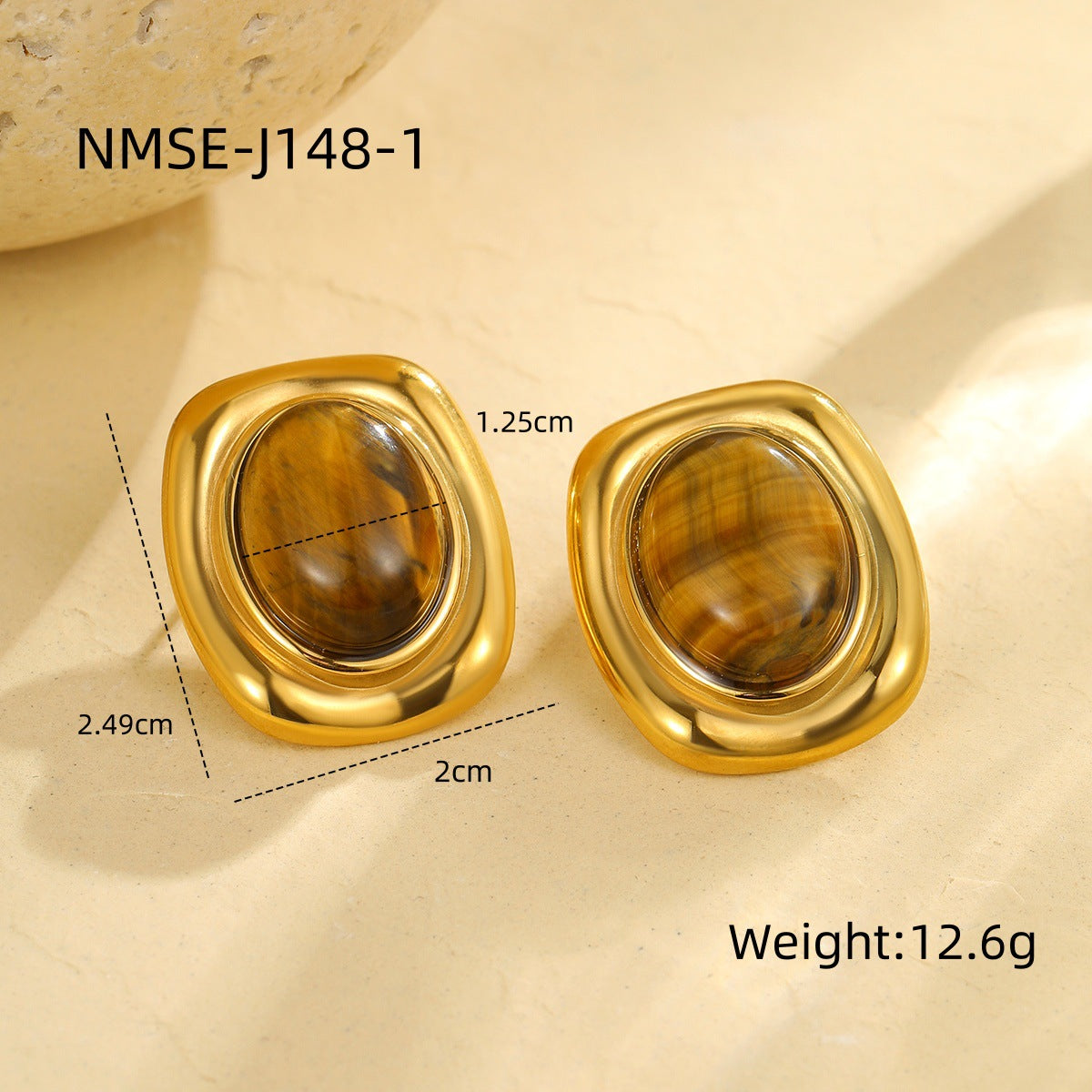 Pendientes de Botón Ovalados de Ojo de Tigre Estilo "Old Money" Francés Vintage para Mujer de Acero Inoxidable con Baño de Oro