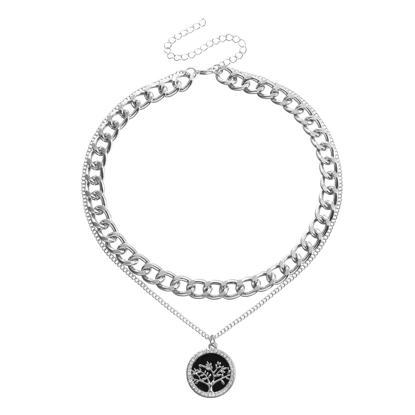 Fashionable Geometric Life Tree Pendant Necklace with Mother-of-Pearl Inlay and Rhinestone Accents on Alloy Snake Chain for Women