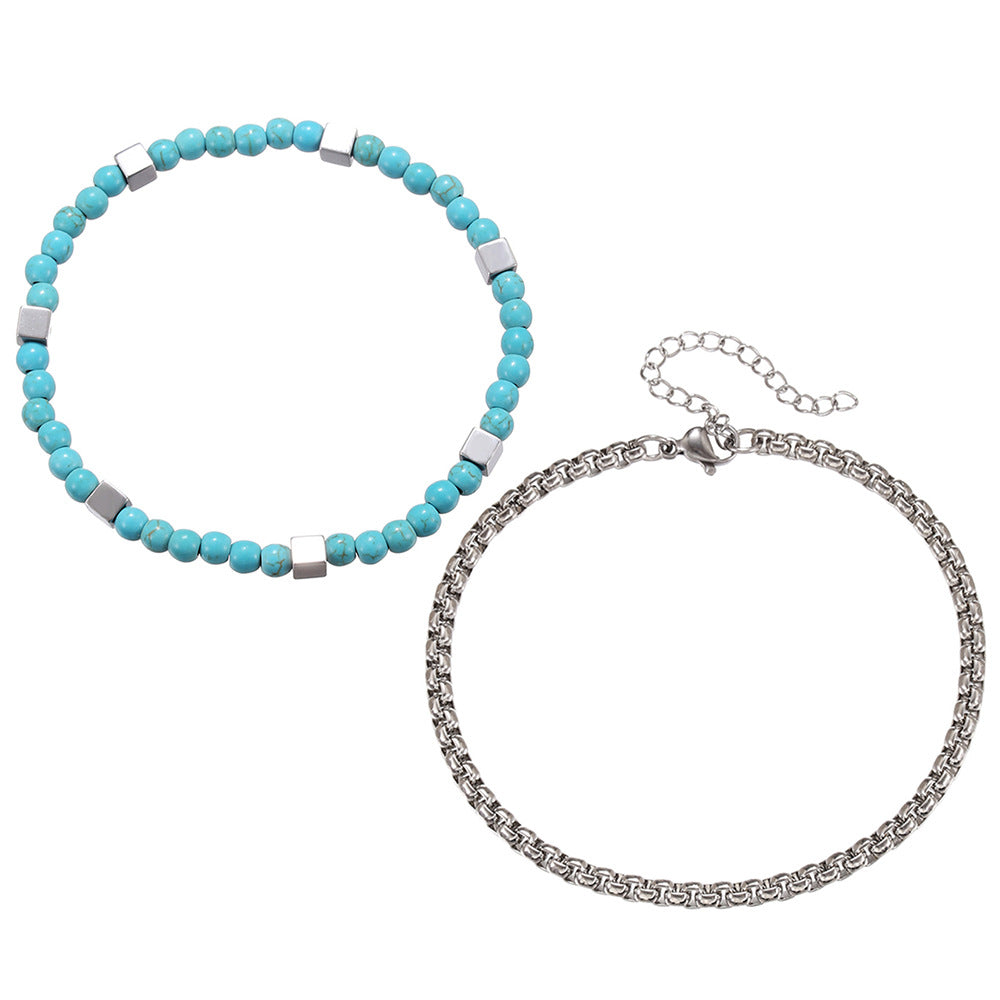 Bohemian Minimalist Round Turquoise and Hematite Beaded Chain Bracelet for Unisex