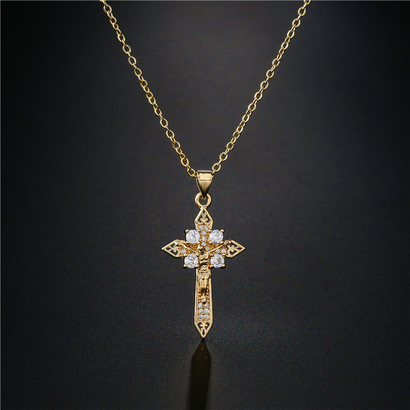 Gold Plated Brass Geometric Cubic Zirconia Inlay Pendant Necklace with Cable Chain