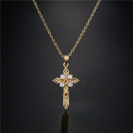 Gold Plated Brass Geometric Cubic Zirconia Inlay Pendant Necklace with Cable Chain