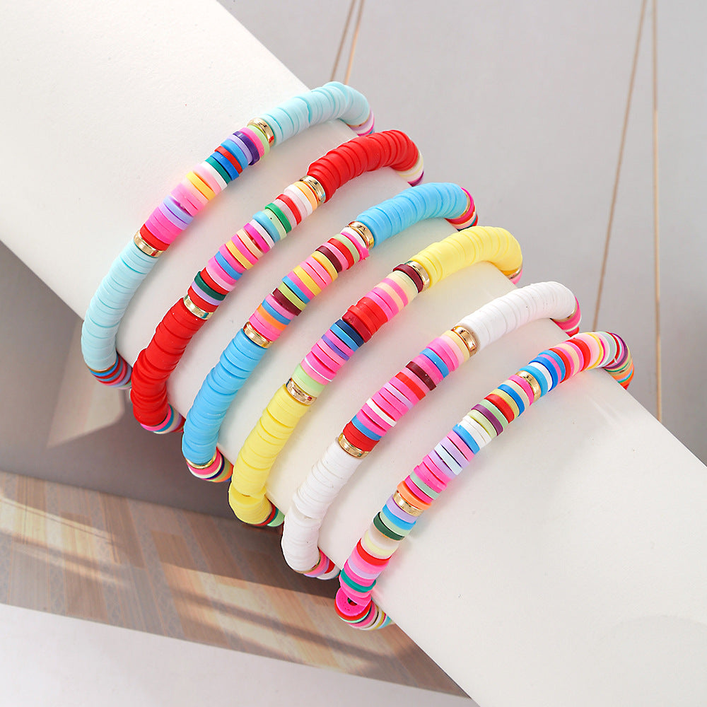 Bohemian Mixed Color Geometric Round Polymer Clay Beaded Bracelet Set