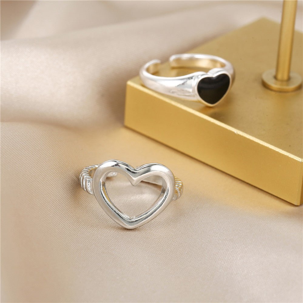 Vintage Black Heart Geometric Alloy Drip Oil Ring for Women