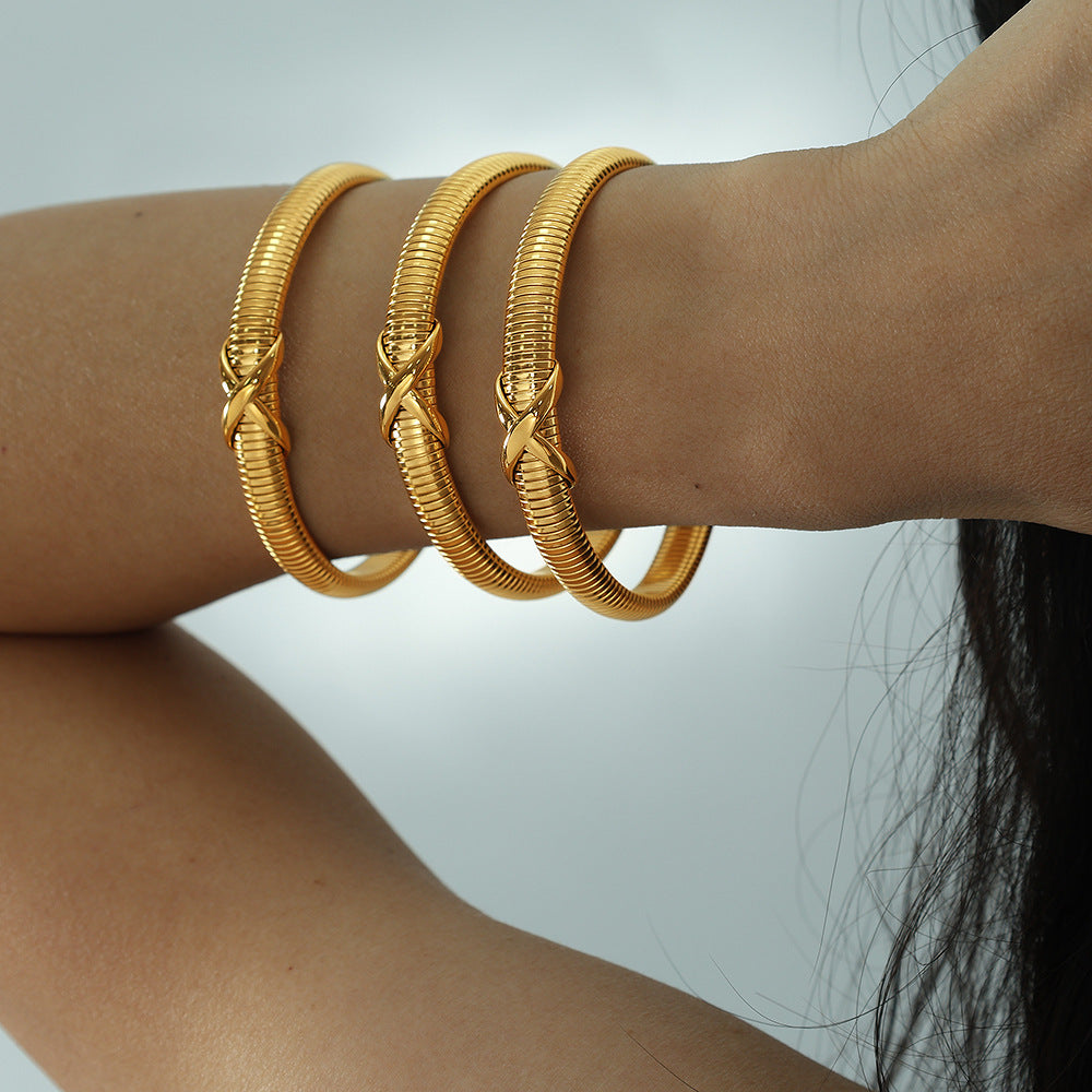 Sweet Punk 18K Gold Plated Alloy Geometric Crossover Knot Elastic Bangle for Women