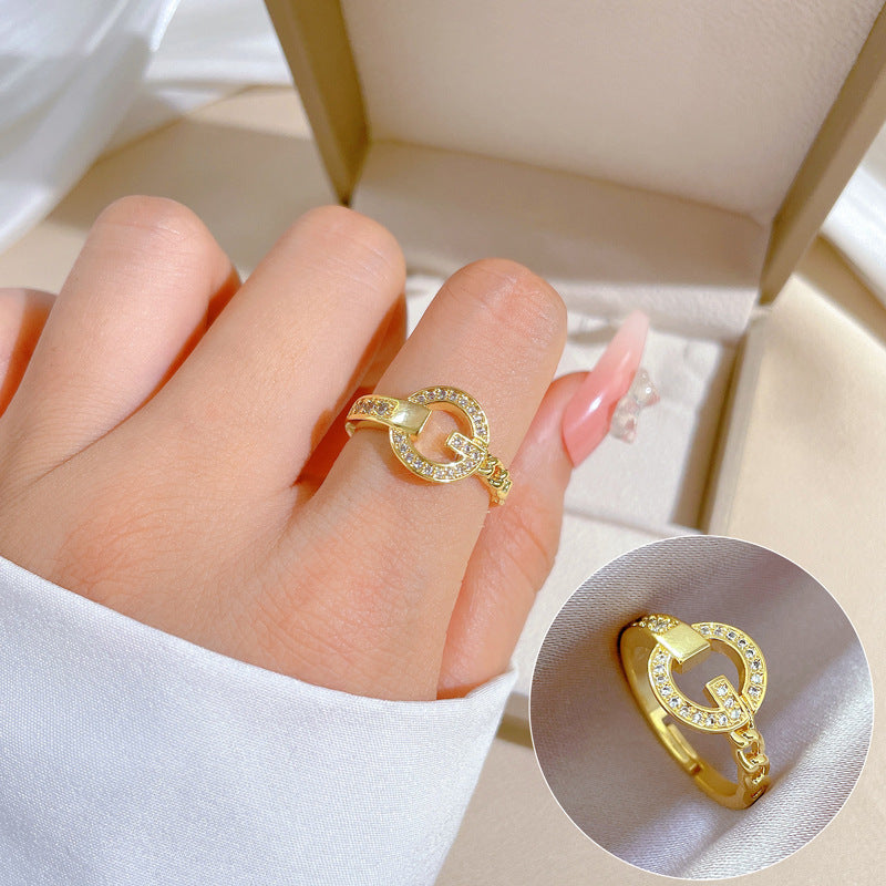 Minimalist Sweet Geometric Round Brass Plated Rhinestone Ring for Women and Men