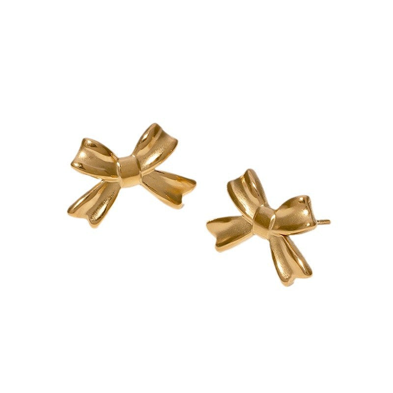 Minimalist 18K Gold Plated Stainless Steel Bow Knot Stud Earrings for Women