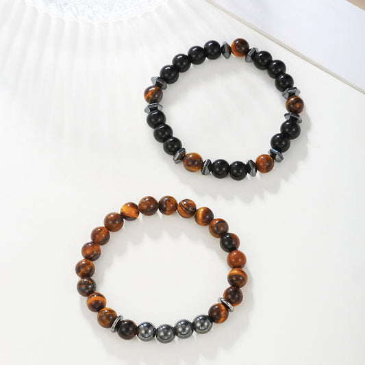 Minimalist Geometric Round Tiger Eye and Hematite Handmade Bracelet Set for Unisex