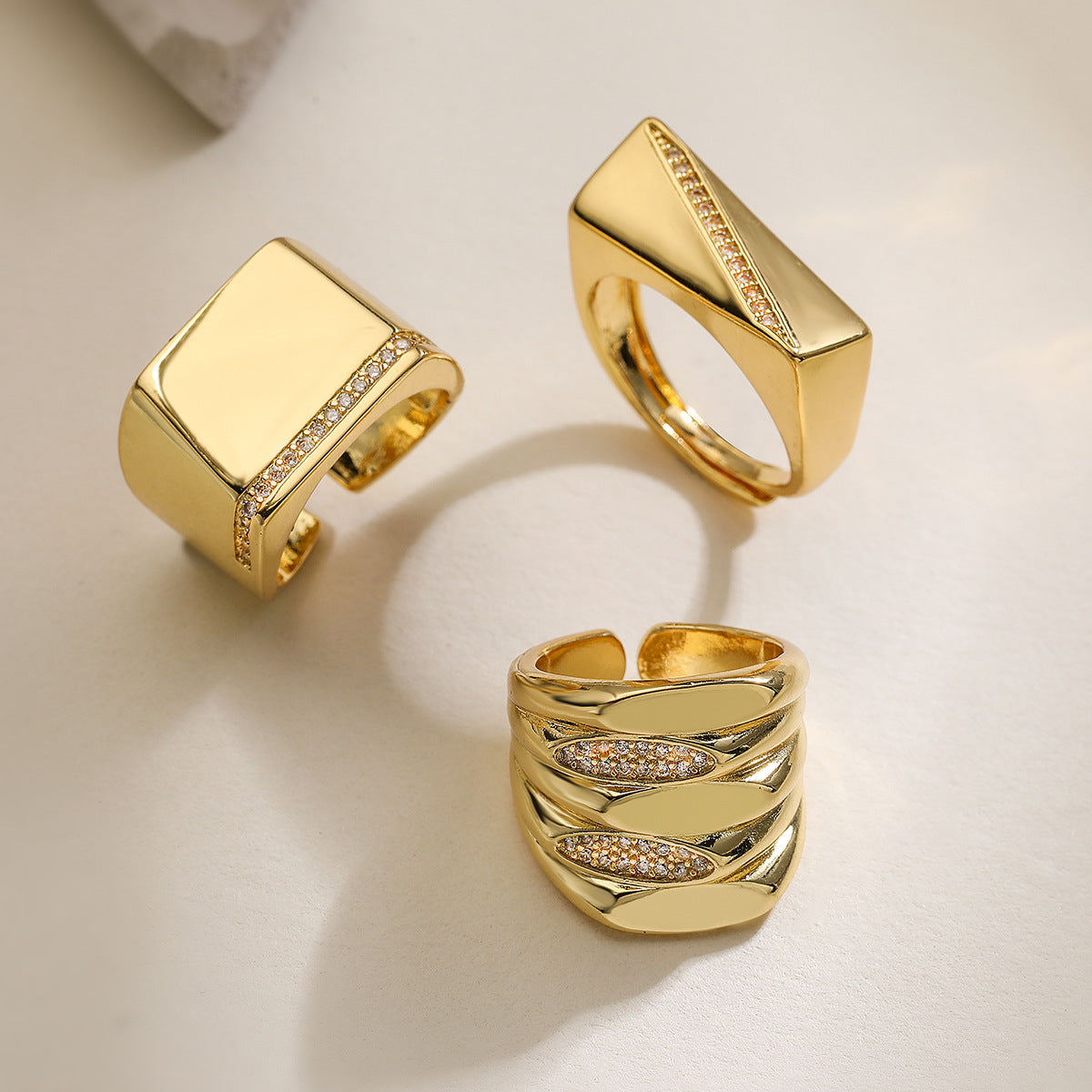 Minimalist Geometric Open Ring for Women in Brass with 18K Gold Plating and Zircon Inlay