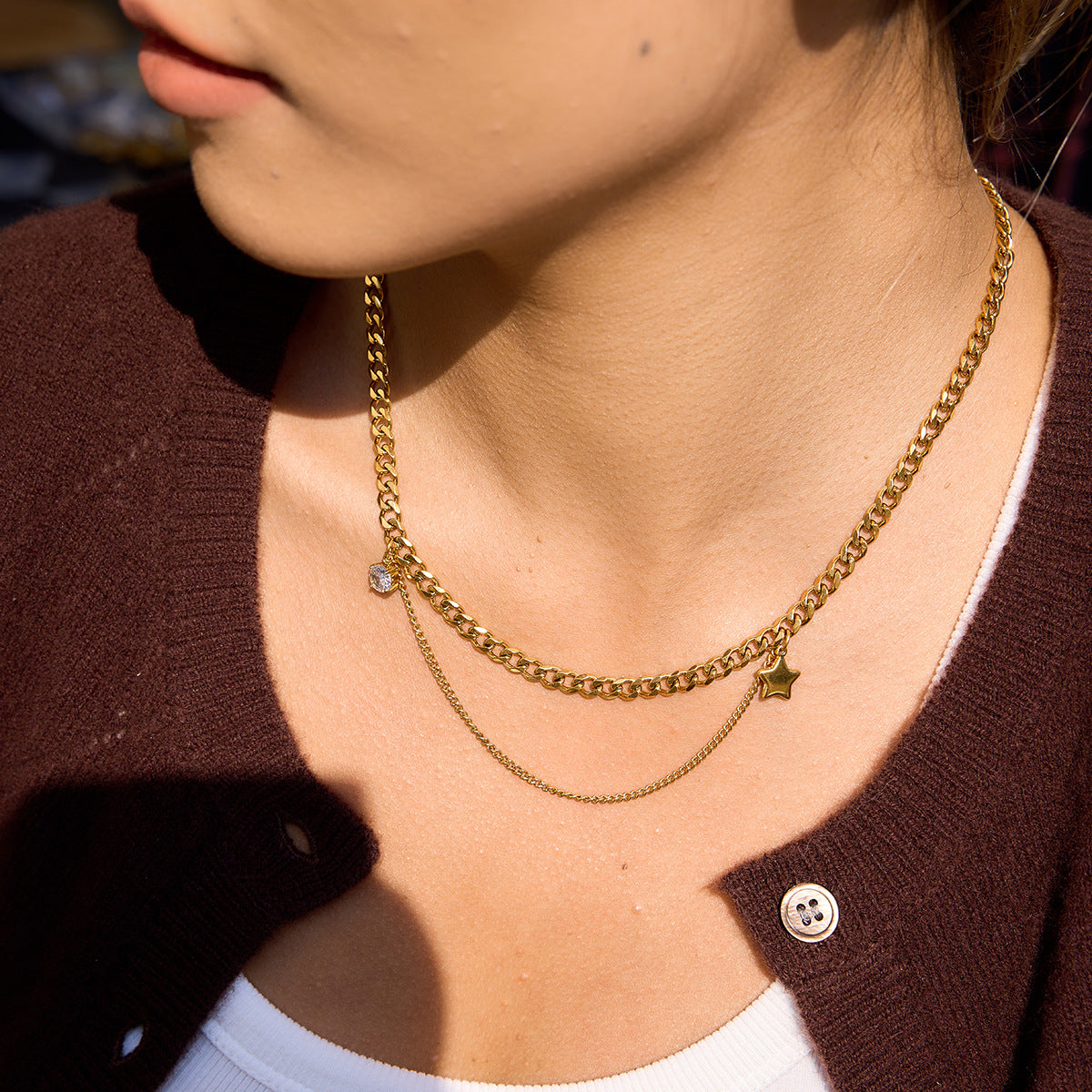 Minimalist Geometric Star Stainless Steel Necklace with Cubic Zirconia PVD Plated for Women