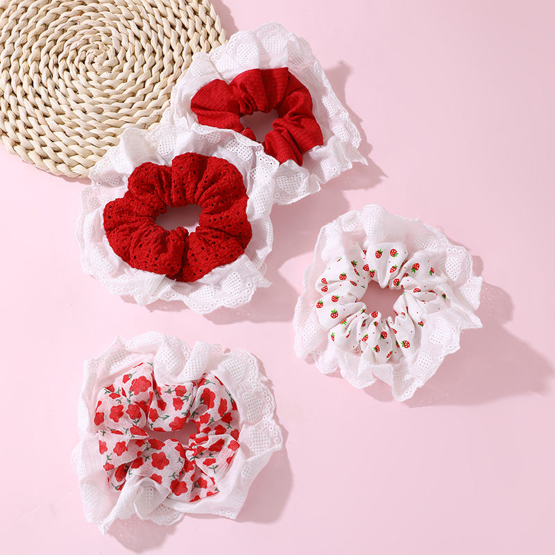Juego de gomas para el pelo de encaje floral rosa para niñas con diseño de dibujos animados en tejido de punto estilo princesa