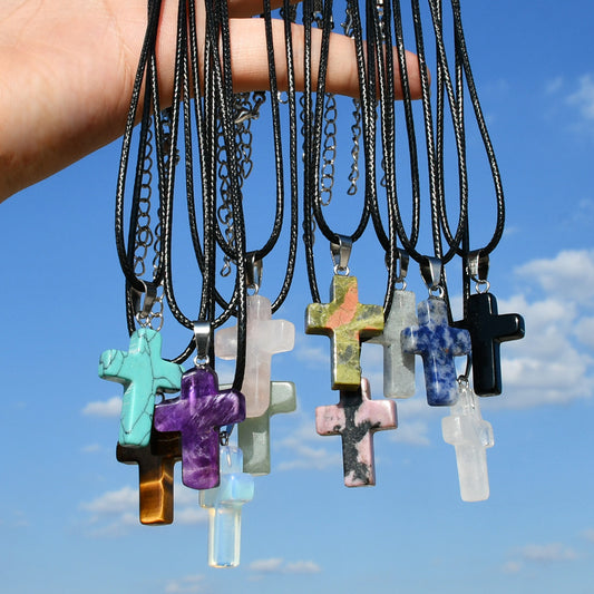 Minimalist Cross Crystal Agate Turquoise Pendant Necklace Unisex