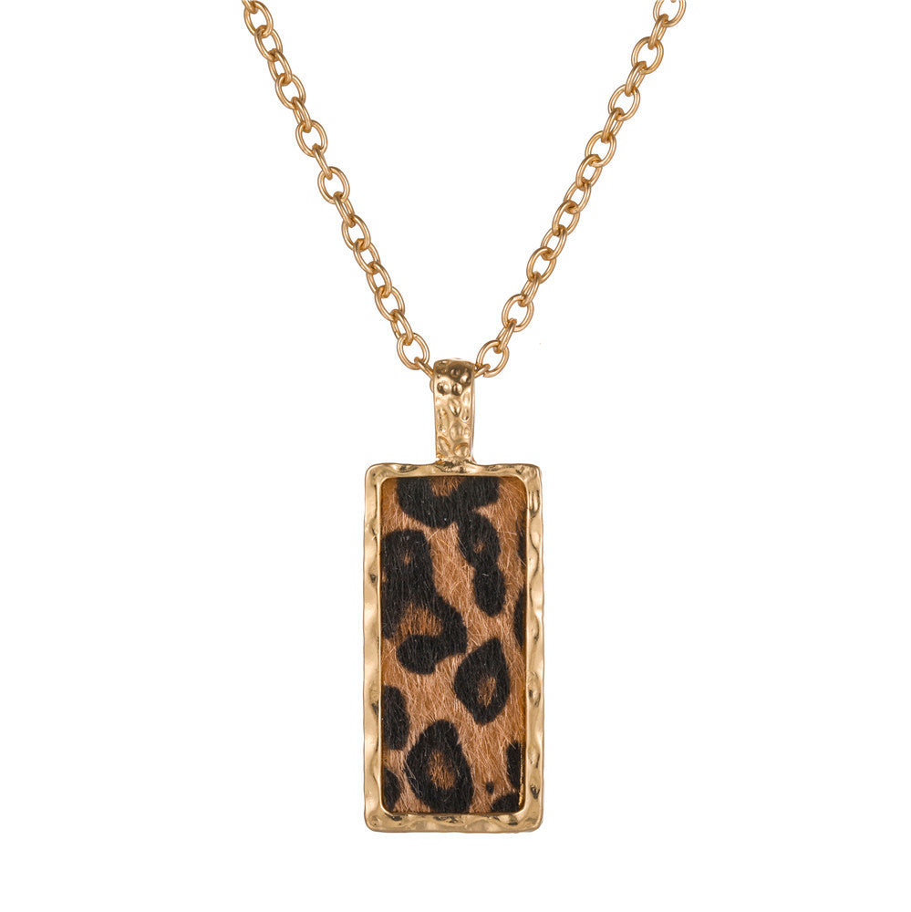 Minimalist Geometric Square Leopard Print Alloy Plated Pendant Necklace with Snake Chain for Women