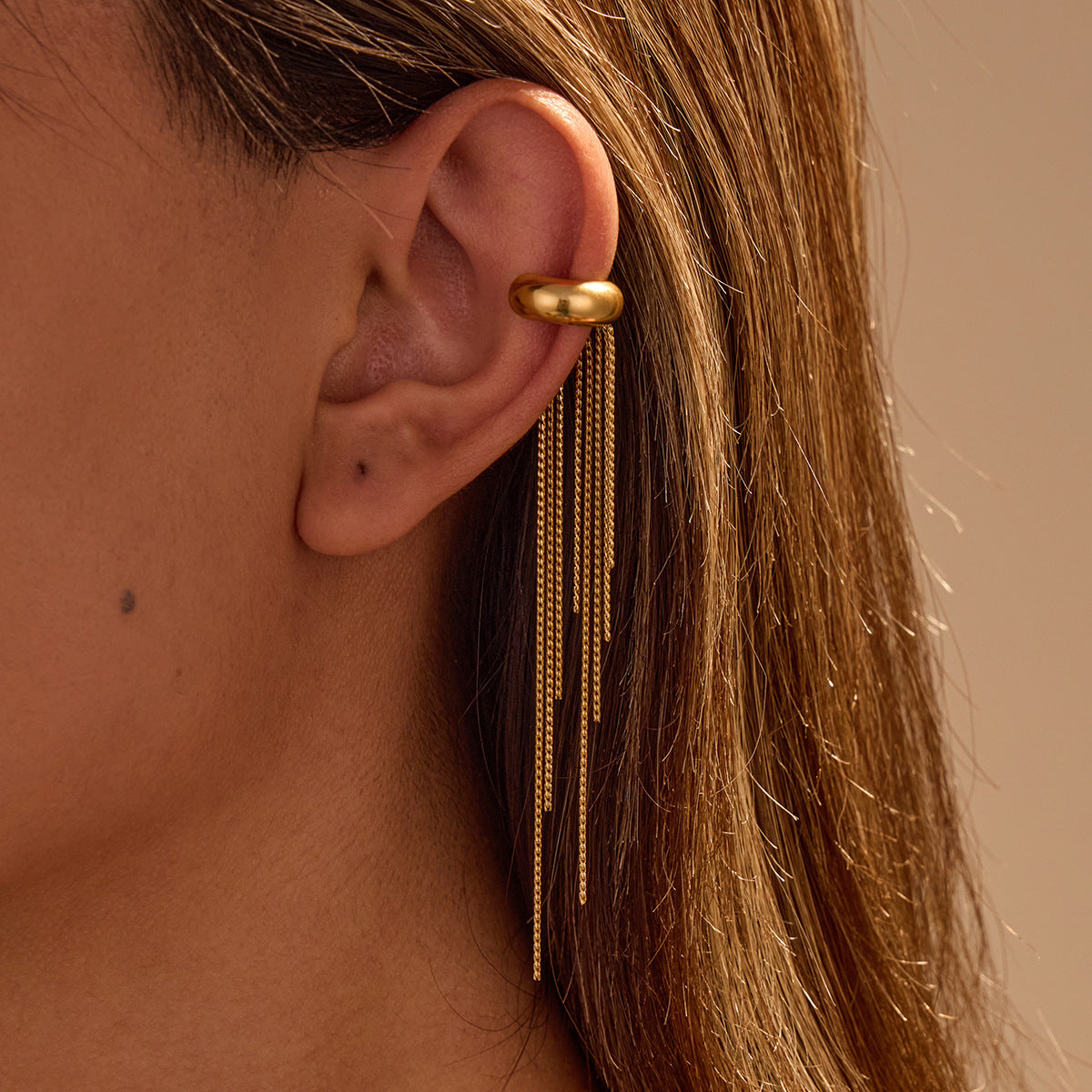 Fashionable Long Tassel Stainless Steel Ear Cuffs with 18K Gold Plating Geometric Shape for Women