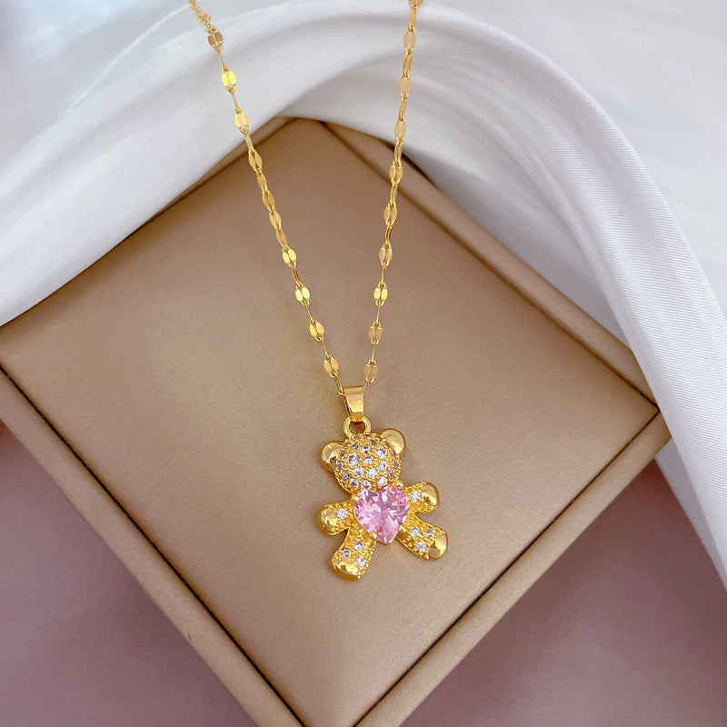 Luxury Titanium Steel Heart-Shaped Pendant Necklace with Rhinestone Inlay, Geometric Design, Adjustable Chain for Women