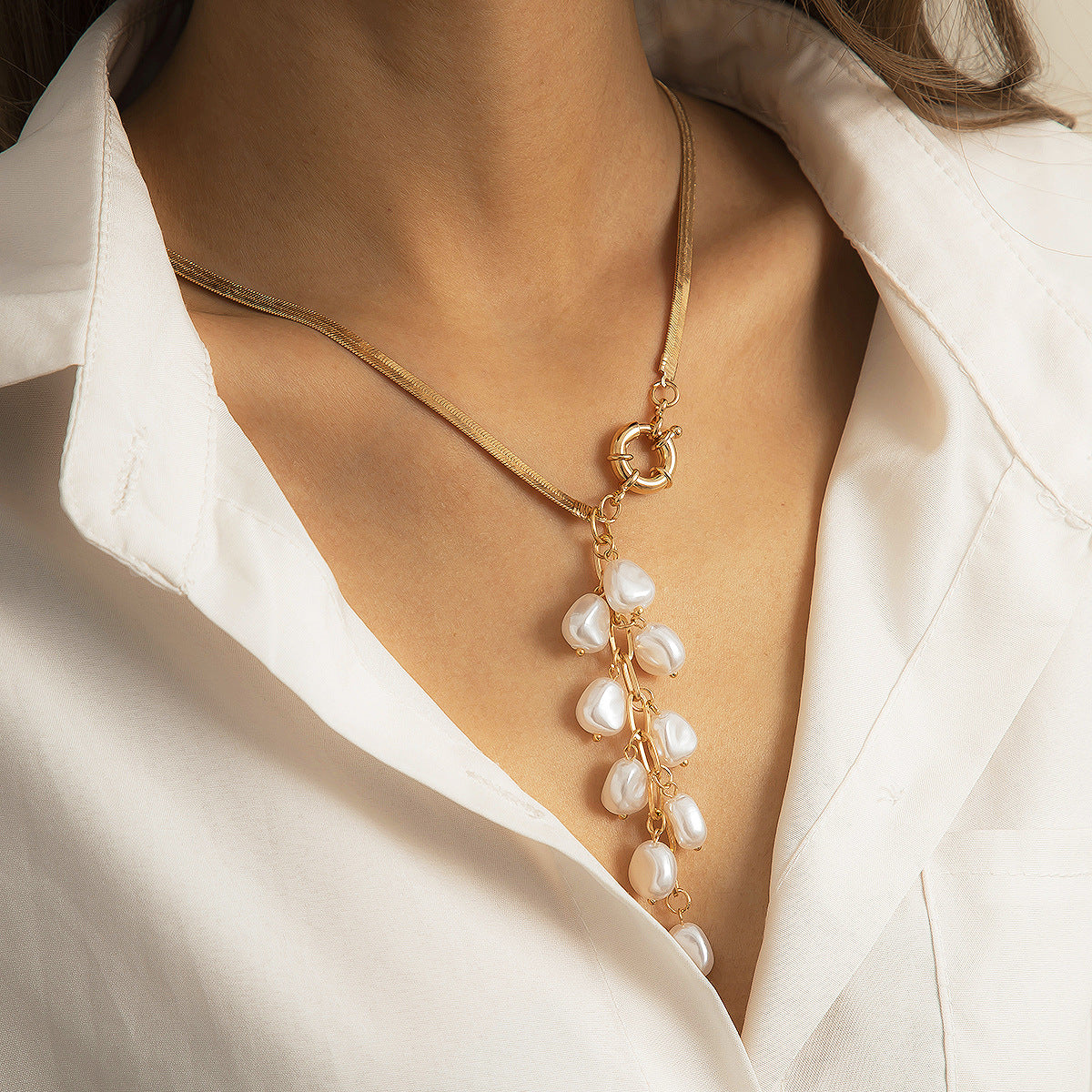 Vintage Baroque Geometric Faux Pearl Tassel Necklace Plated Snake Chain Women's Jewelry