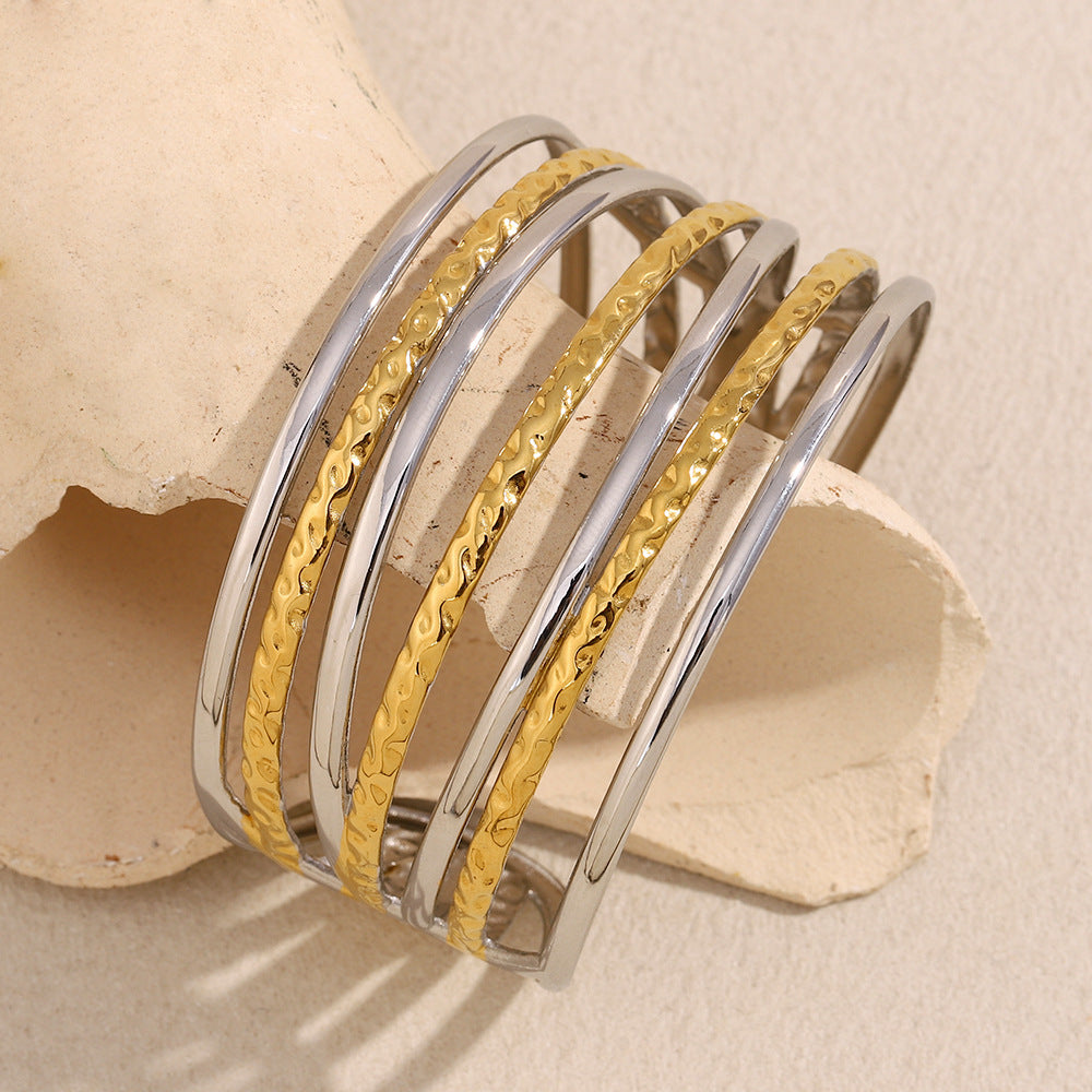 Minimalist Geometric Stainless Steel Plated 18K Gold Multi-Layer Line Bracelet for Women